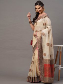 Odette - Cream Festive Silk Blend Woven Design Saree with Unstitched Blouse