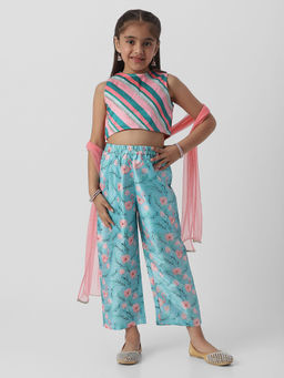 Nautinati - Girls Striped Sleeveless Top and Straight Pants with Net Dupatta (Set of 3)