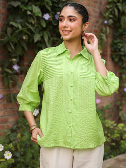 SAVI - Green Cotton Detailed Collar Neck Shirt
