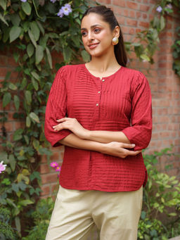 SAVI - Red Cotton Pintuck Detailed Top