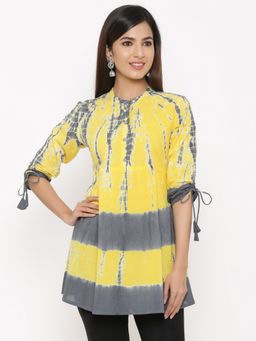 Kipek - Women Cotton Tie Die Printed Regular Top Yellow & Grey