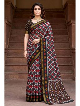 Sangam Prints - Black Cotton Checks Print Traditional Saree with Unstitched Blouse