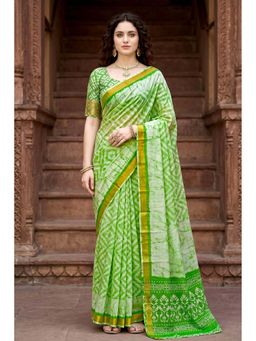 Sangam Prints - Pista Green Cotton Printed Work Saree with Unstitched Blouse