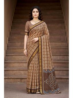 Sangam Prints - Brown Cotton Printed Saree with Unstitched Blouse