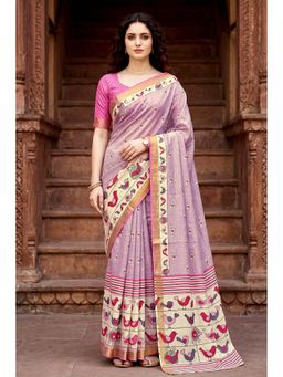 Sangam Prints - Lavender Cotton Printed Traditional Saree with Unstitched Blouse