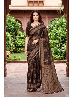 Sangam Prints - Coffee Brown Cotton Checks Printed Traditional Saree with Unstitched Blouse