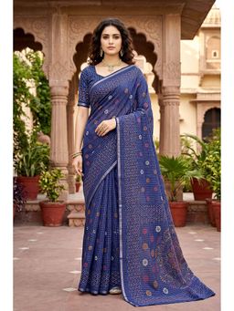 Sangam Prints - Navy Blue Cotton Checks Printed Traditional Saree with Unstitched Blouse