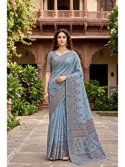 Sangam Prints - Blue Cotton Floral Printed Traditional Saree with Unstitched Blouse