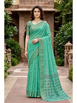 Sangam Prints - Mint Green Cotton Printed Traditional Saree with Unstitched Blouse