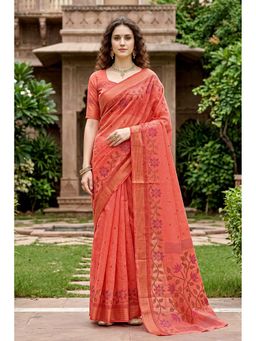 Sangam Prints - Coral Cotton Floral Print Traditional Saree with Unstitched Blouse