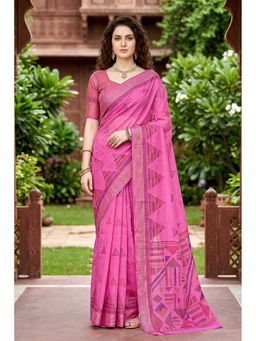 Sangam Prints - Rani Pink Cotton Printed Traditional Saree with Unstitched Blouse