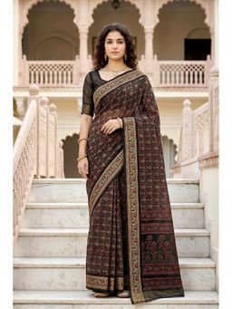 Sangam Prints - Brown Cotton Floral Printed Saree with Unstitched Blouse