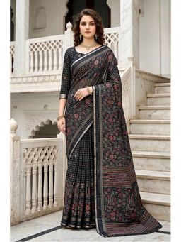 Sangam Prints - Black Cotton Floral Checks Printed Saree with Unstitched Blouse