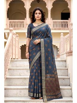 Sangam Prints - Grey Cotton Floral Print Saree with Unstitched Blouse