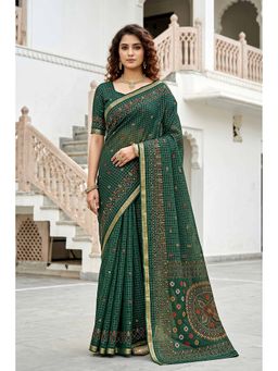 Sangam Prints - Green Cotton Floral Checks Printed Traditional Saree with Unstitched Blouse