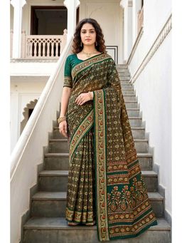 Sangam Prints - Dark Green Cotton Floral Printed Traditional Saree with Unstitched Blouse