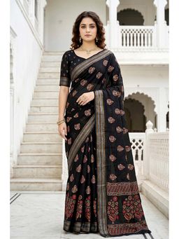 Sangam Prints - Black Cotton Floral Printed Saree with Unstitched Blouse