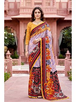 Sangam Prints - Light Purple Cotton Floral Printed Traditional Saree with Unstitched Blouse