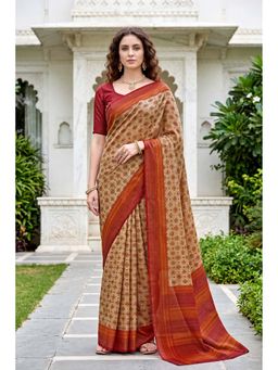 Sangam Prints - Beige Cotton Printed Traditional Saree with Unstitched Blouse