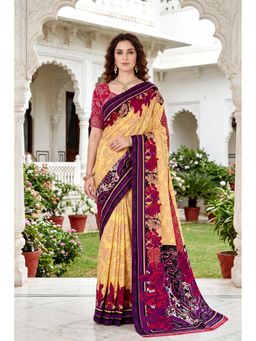 Sangam Prints - Yellow Cotton Floral Printed Saree with Unstitched Blouse