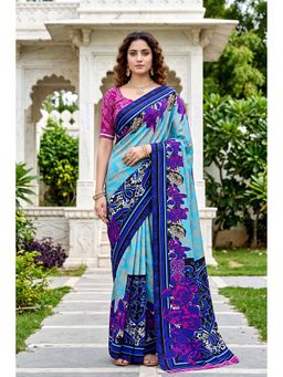 Sangam Prints - Sky Blue Cotton Floral Printed Saree with Unstitched Blouse