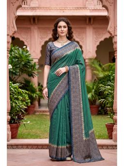 Sangam Prints - Green Cotton Printed Border Saree with Unstitched Blouse
