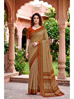 Sangam Prints - Beige Cotton Printed Traditional Saree with Unstitched Blouse