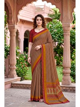 Sangam Prints - Brown Cotton Checks Printed Saree with Unstitched Blouse