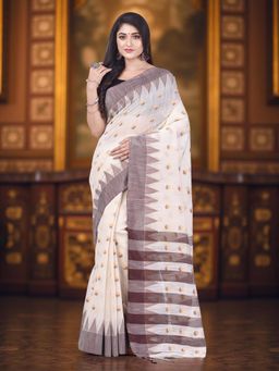 DESH BIDESH - Off White Pure Soft Cotton Handloom Saree Without Blouse