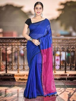 DESH BIDESH - Navy Blue Handloom Cotton Silk Saree Without Blouse