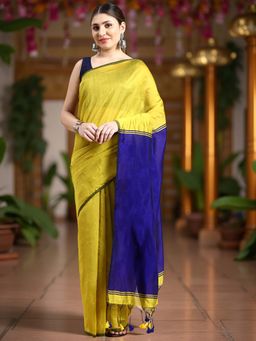 DESH BIDESH - Yellow and Blue Cotton Silk Blend Saree with Unstitched Blouse