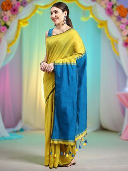 DESH BIDESH - Yellow and Blue Cotton Silk Saree with Unstitched Blouse