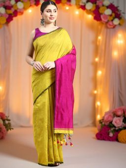 DESH BIDESH - Yellow and Pink Cotton Silk Blend Saree with Unstitched Blouse