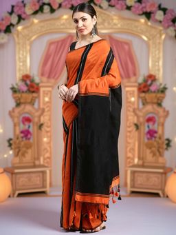 DESH BIDESH - Orange and Black Stripes Cotton Silk Saree with Unstitched Blouse