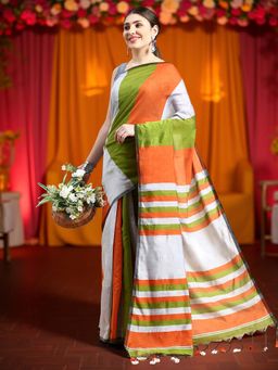 DESH BIDESH - Silver Colorblock Cotton Silk Saree with Unstitched Blouse