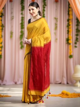 DESH BIDESH - Mustard and Red Cotton Silk Blend Saree with Unstitched Blouse