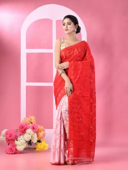DESH BIDESH - Women Red Tant Handloom Cotton Saree Without Blouse