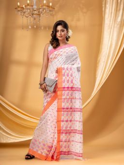 DESH BIDESH - Women White Handloom Cotton Linen Saree Without Blouse