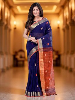 DESH BIDESH - Women Navy Blue Handloom Cotton Saree Without Blouse