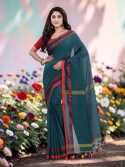 DESH BIDESH - Teal Resham Pure Cotton Handloom Saree Without Blouse