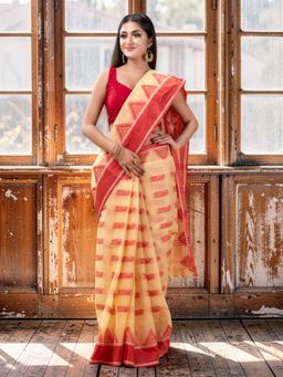 DESH BIDESH - Beige Tant Pure Handloom Cotton Saree Without Blouse