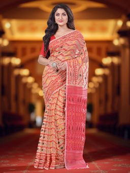 DESH BIDESH - Beige Handloom Jamdani Silk Saree Without Blouse