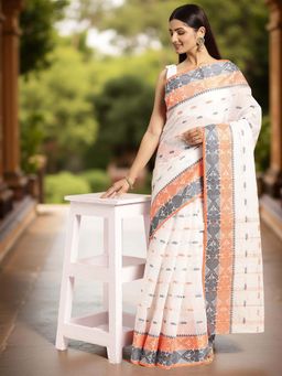 DESH BIDESH - White Pure Cotton Handloom Saree Without Blouse