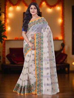 DESH BIDESH - Women White Floral Handloom Cotton Saree Without Blouse