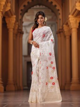 DESH BIDESH - White Floral Woven Cotton Silk Saree Without Blouse