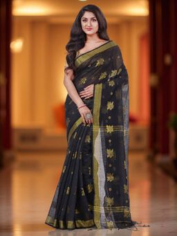 DESH BIDESH - Black Cotton Silk Georgette and Kanjivaram Saree with Unstitched Blouse