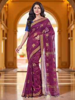DESH BIDESH - Wine Cotton Silk Georgette and Kanjivaram Saree with Unstitched Blouse