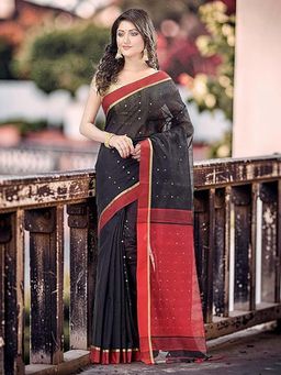 DESH BIDESH - Women Black Silk Handloom Cotton Saree with Unstitched Blouse