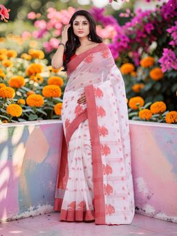 DESH BIDESH - White Floral Jamdani Cotton Handloom Saree Without Blouse