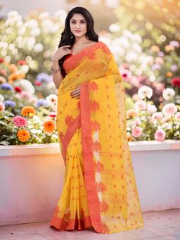 DESH BIDESH - Yellow Floral Jamdani Cotton Handloom Saree Without Blouse